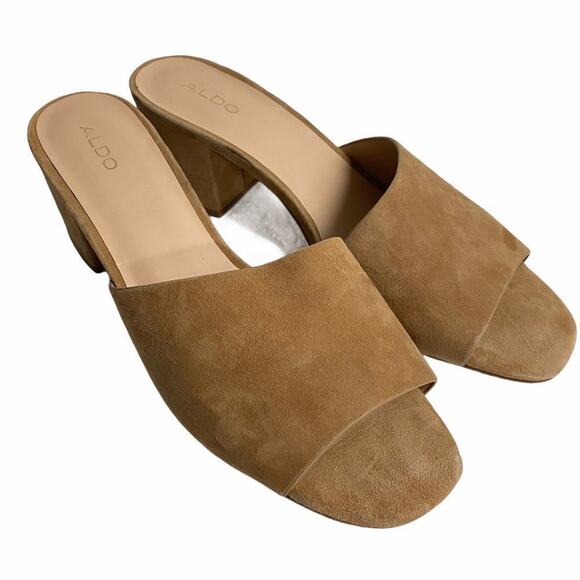 Women’s Sz 10 ALDO Tan Suede Slip On Slides Heels - Picture 2 of 8